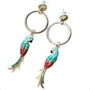 Y2K Tropical Enamel Parrot Drop Earrings Gold Hoop 2.75” Statement